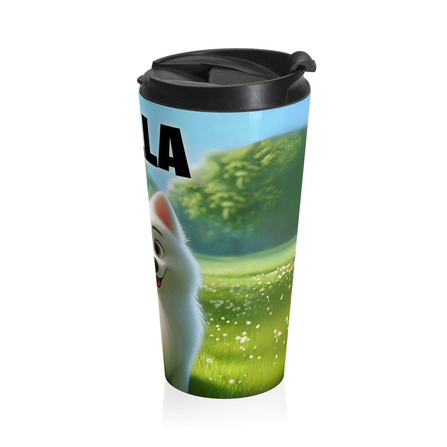 Pixar-Style Cartoon Pet Portrait on a Stainless Steel Travel Mug