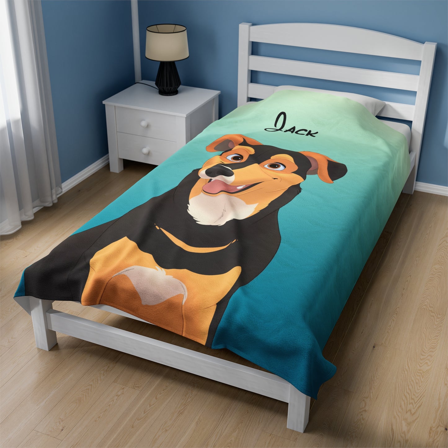 Disney-Style Cartoon Pet Portrait on Velveteen Plush Blanket