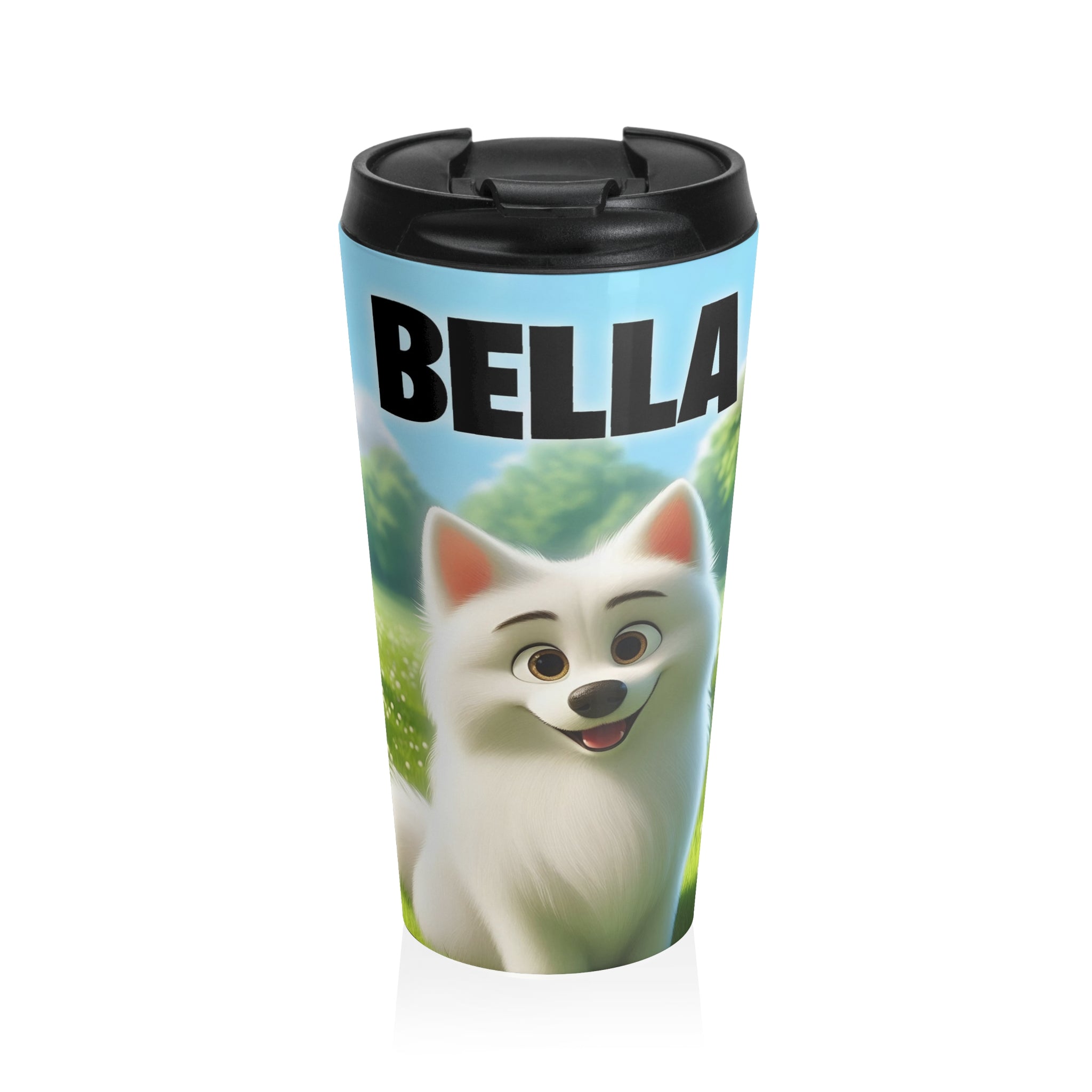 Pixar-Style Cartoon Pet Portrait on a Stainless Steel Travel Mug