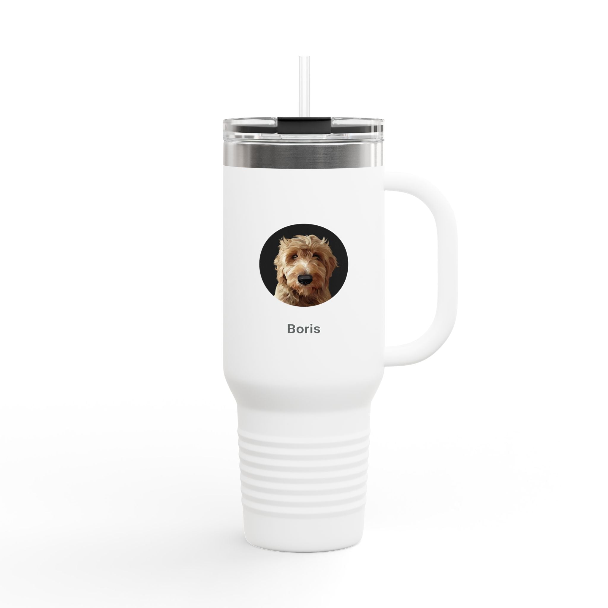 Cartoon Painting Style Pet Portrait on an Insulated Travel Mug, 40oz